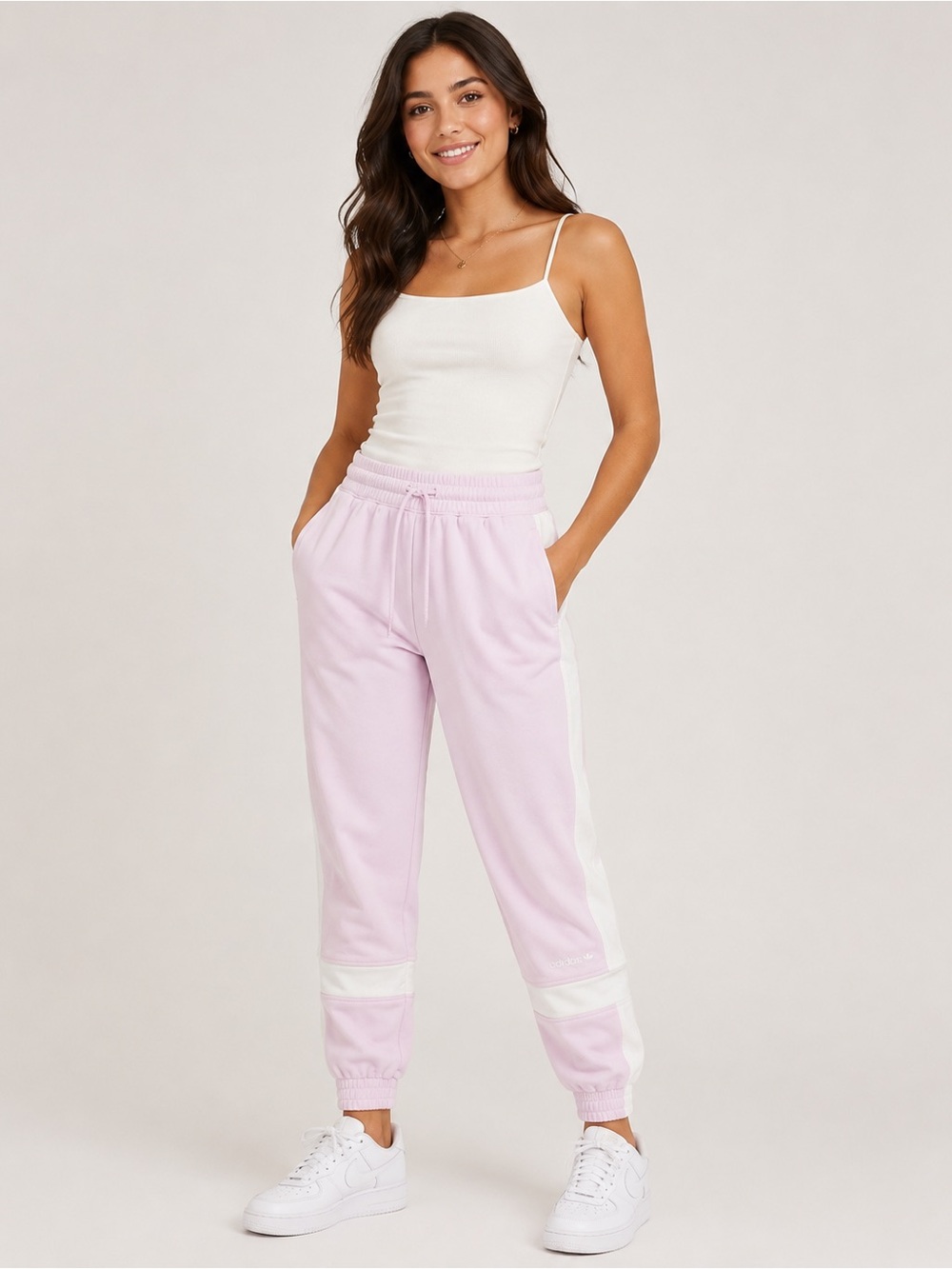Adidas Women’s Pink & White Jogger Sweatpants Size M Trefoil Logo Drawstring